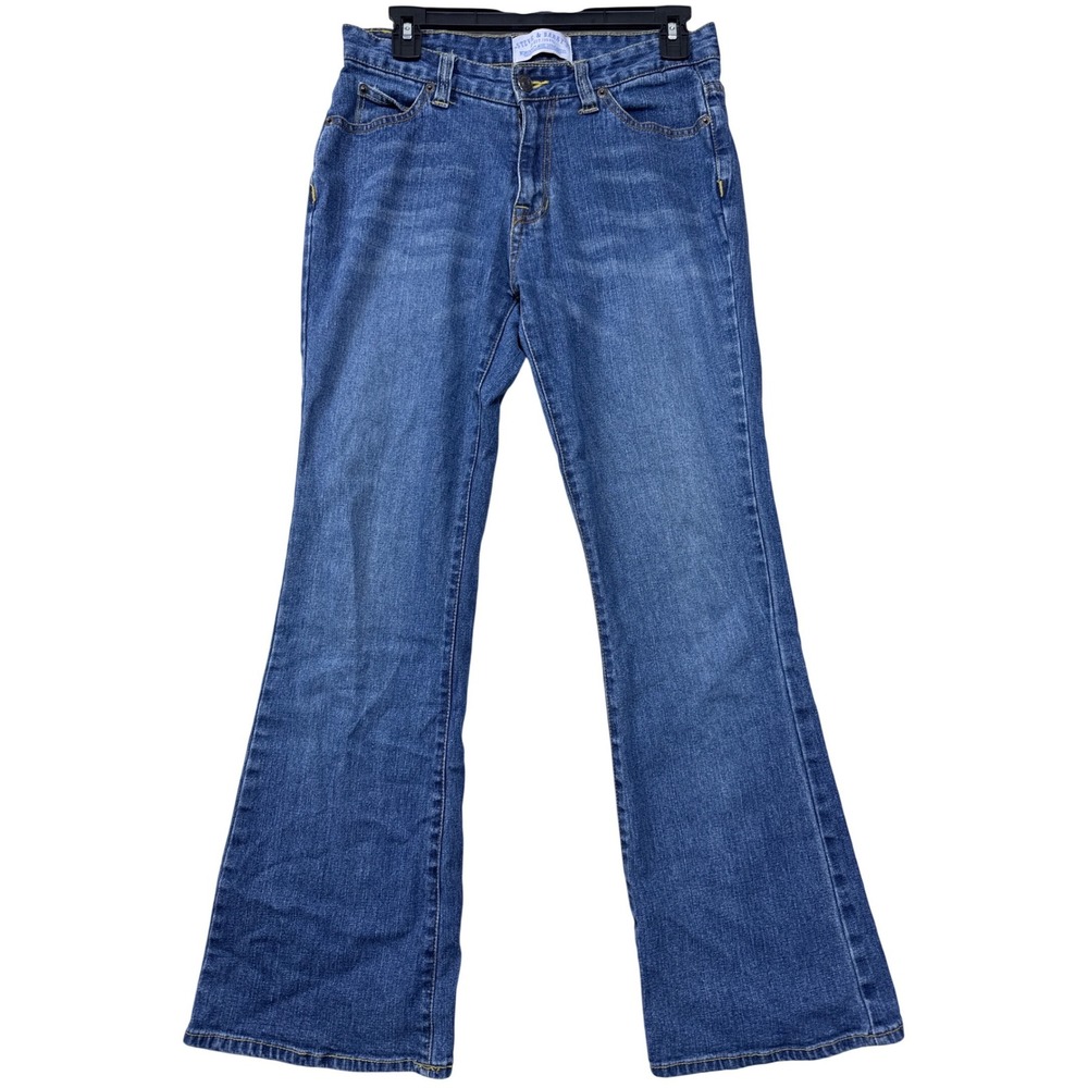 Steve & Barrys Womens Flare Jeans Medium Wash Classic Dungarees Blue Y2K 8 Short